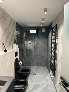 a bathroom with a black toilet and a sink at Pensiunea Izvoare Olanesti 3*** in Băile Olăneşti