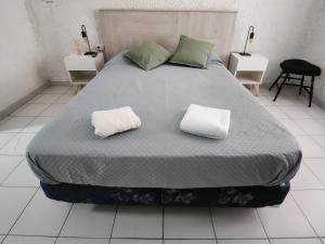 uma cama grande com duas almofadas brancas em Greta Apartment lll em Mendoza