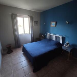 a blue bedroom with a bed and a window at Villa Sant Antone in Ghisonaccia