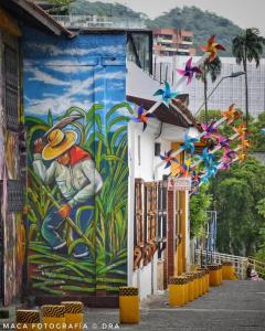 um mural na lateral de um edifício com papagaios em HOSTAL CHONTADURO Casa colonial en pleno centro histórico de Cali- Se alquila la casa entera para 12 o 13 personas o por habitaciones em Cali