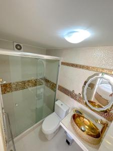 a bathroom with a toilet and a shower and a sink at Nuevo departamento con vista al mar y piscina-Pool One in Lima