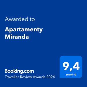 Сертифікат, нагорода, вивіска або інший документ, виставлений в Apartamenty Miranda