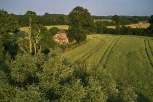 an aerial view of a house in the middle of a field at Romantisches Reetdachhaus - Frau Schröders in Mohrkirch