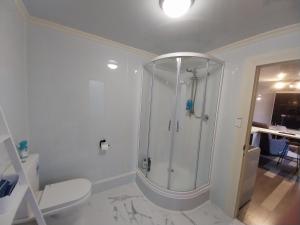 a white bathroom with a shower in a room at The Snug - Rural Hideaway in Invercargill