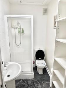 C&E Apartment في إدنبرة: حمام ابيض مع مرحاض ومغسلة