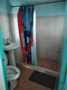 Posada Boutique في كانكون: حمام مع دش مع مرحاض ومغسلة