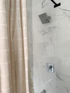 y baño con ducha y cortina de ducha. en Cherry Street Retreat en Evansville