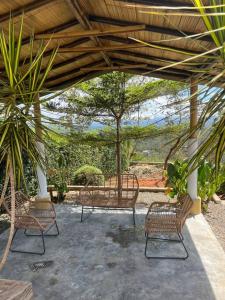 un grupo de sillas sentadas bajo un techo de madera en Casa Bambohemia, en Miravalles