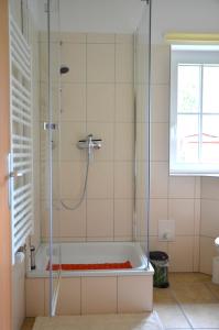 Das Bad ist mit einer Dusche und einer Badewanne ausgestattet. in der Unterkunft Ferienhaus Lütt Eiland in Polchow