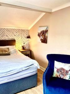 a bedroom with a bed and a blue chair at Highfield Guesthouse in Skipton