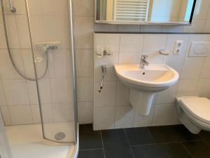 ein Bad mit einer Dusche, einem Waschbecken und einem WC in der Unterkunft Ferienwohnung "Waldallee 15" in Sankt Peter-Ording