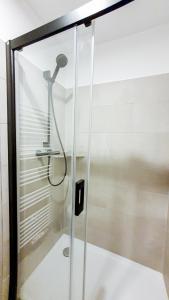 een douche met een douchekop in de kamer bij Moderne Ferienwohnung mit Sonnenterrasse & Gartenblick - Strandnah und hohem Schlafkomfort in Scharbeutz +24 foto's