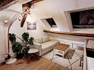 ein Wohnzimmer mit einem Sofa und einem TV in der Unterkunft Le Cosy Macaron - Au cœur de Versailles in Versailles
