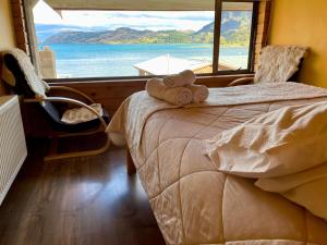 a bedroom with a bed with a view of the ocean at Cabañas Paraíso in Puerto Tranquilo