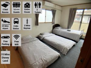 three beds in a room with signs on the wall at -0 meter to station- Tokyo, Asakusa, Ueno, Skytree tower and Akihabara entire house for 14 guests -駅まで0メートル- 東京 浅草 上野 スカイツリー 秋葉原一棟貸切14名様 in Tokyo
