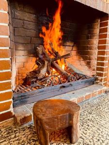Ogień w ceglanym kominku ze stołem w obiekcie Doña Hilda casa de campo w mieście Mercedes