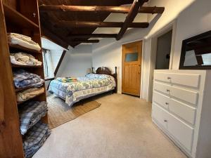 Modern Getaway cabin, sleeps 7 Near Meadville في Guys Mills: غرفة نوم مع سرير وخزانة