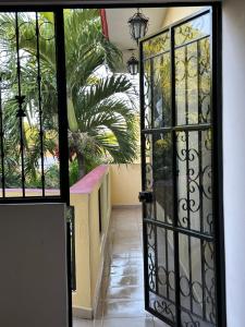 una puerta abierta a un balcón con palmeras en Departamento acogedor, en Cunduacán