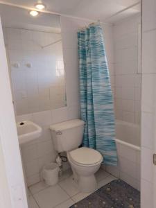 uma casa de banho com um WC e uma cortina de chuveiro em Depto en la playa 3 dormitorios em Horcón
