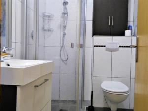 Un baño con ducha, inodoro y lavabo. en Cityview Winterberg Ferienwohnung in der City, en Winterberg