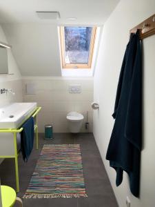 a bathroom with a toilet and a sink and a window at Rosinas - Fräulein Thäsler in Oberstaufen