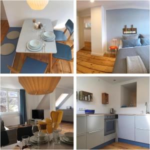 a collage of four pictures of a kitchen and a bedroom at Rosinas - Fräulein Thäsler in Oberstaufen