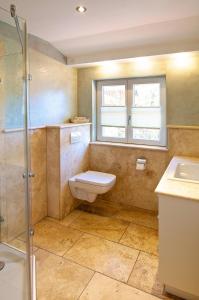 a bathroom with a toilet and a shower and a sink at Alpenblick in Oberstaufen