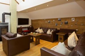 a living room with leather furniture and a fireplace at Hochgrat in Oberstaufen +9 photos