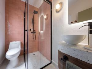 ein Badezimmer mit Toilette, Waschbecken und Dusche in der Unterkunft Baranda OCHO in Mexiko-Stadt + 153 Fotos