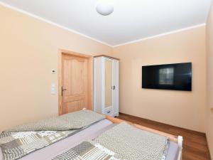 um quarto com uma cama e uma televisão na parede em Bright holiday apartment in Lübben on the Spree em Lübben