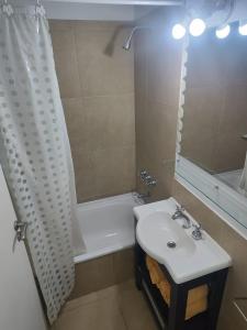 een badkamer met een wastafel, een douche en een bad bij bombonera y San Telmo in Buenos Aires