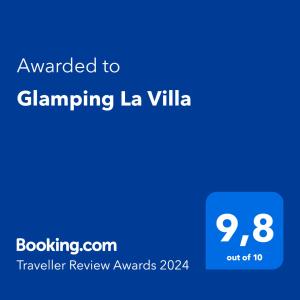 Certificat, premi, rètol o un altre document de Glamping La Villa