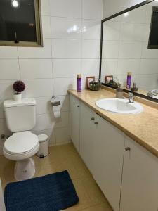 uma casa de banho com um WC, um lavatório e um espelho. em Machali Casa HOSTAL Habitación con Baño Privado y estacionamiento em La Viñilla