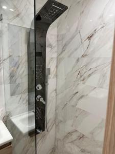 a bathroom with a shower with a glass door at Racine Studio bd Anfa in Casablanca +28 photos