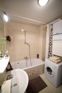 y baño con bañera, lavabo y lavadora. en Zagreb Lodge Apartment, en Zagreb