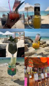 uma colagem de quatro fotos de bebidas na praia em Tours Mandala Beach em Barú