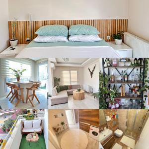 un collage de fotos de un dormitorio y una sala de estar en Şehrin kalbinde benzersiz ev, en Mersin