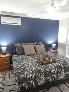 a bedroom with a bed with a blue wall at Sunrise Retreat in Tamworth