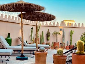 un patio con cactus, sillas y sombrilla en Riad Zamane & Spa Fès en Fez