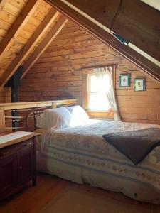 Log Cabin at Naughty Dog Private Island في Winthrop: غرفة نوم بسرير في كابينة خشبية
