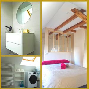 eine Collage mit Bildern eines Schlafzimmers mit einem Bett und einem Spiegel in der Unterkunft Henner des trois frontières in Saint-Louis