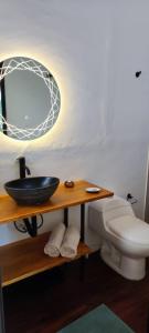 een badkamer met een wastafel, een toilet en een spiegel bij GLAMPING Aldea Muisca in Tota
