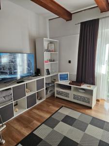 a living room with a large television and white shelves at Laguna apartman Bogács in Bogács