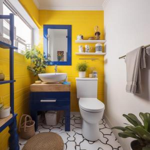a yellow bathroom with a toilet and a sink at Love Lounge in Greater Noida