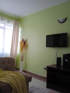 sala de estar con TV en una pared verde en Kay homes, en Nairobi