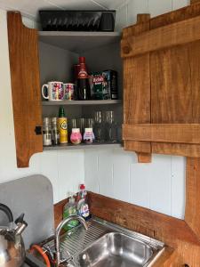 a kitchen with a sink and a counter top at Berwyn Shepherds Hut in Wrexham