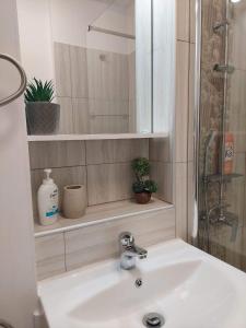 a bathroom with a sink and a mirror at ALDIRA Studio Arena Nationala in Bucharest
