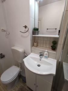 a white bathroom with a toilet and a sink at ALDIRA Studio Arena Nationala in Bucharest