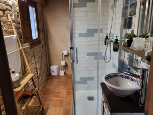 een badkamer met een wastafel en een douche bij La Casa El Cura in Madrigal de la Vera