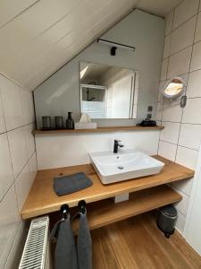 een badkamer met een wastafel en een spiegel bij Ferienwohnungen Brenner einchecken und wohlfühlen in Langenbernsdorf